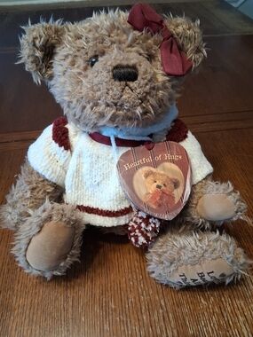Heartful of Hugs Brown Plush Bear with Cream Sweater and Red Bow 10"